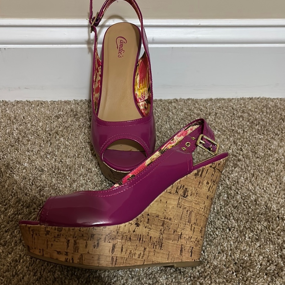 Candie's Fuchsia Cork Wedge Sandals